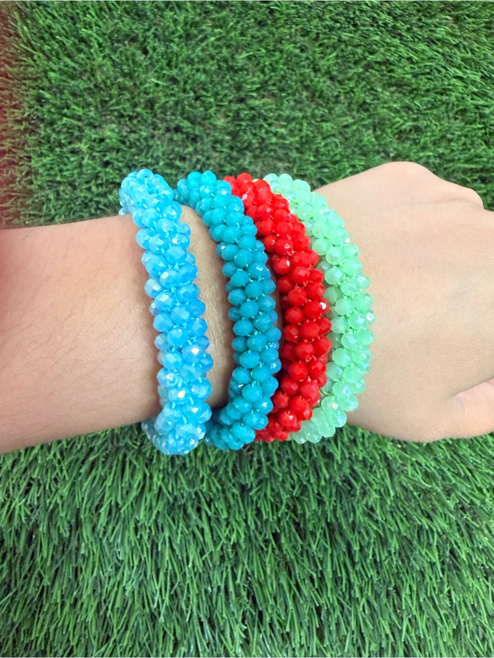 Set of 4 Beaded Stretch Bracelets - Blue, Teal, Red, Mint